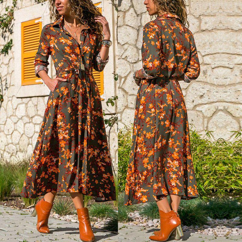 Elegant Women Long Sleeve Loose Split Maxi V-neck Button Shirt Dress Sundress