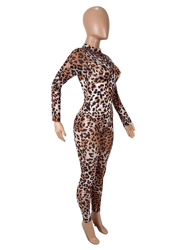 Sexy Leopard Print Mesh Bodycon Jumpsuit for Women