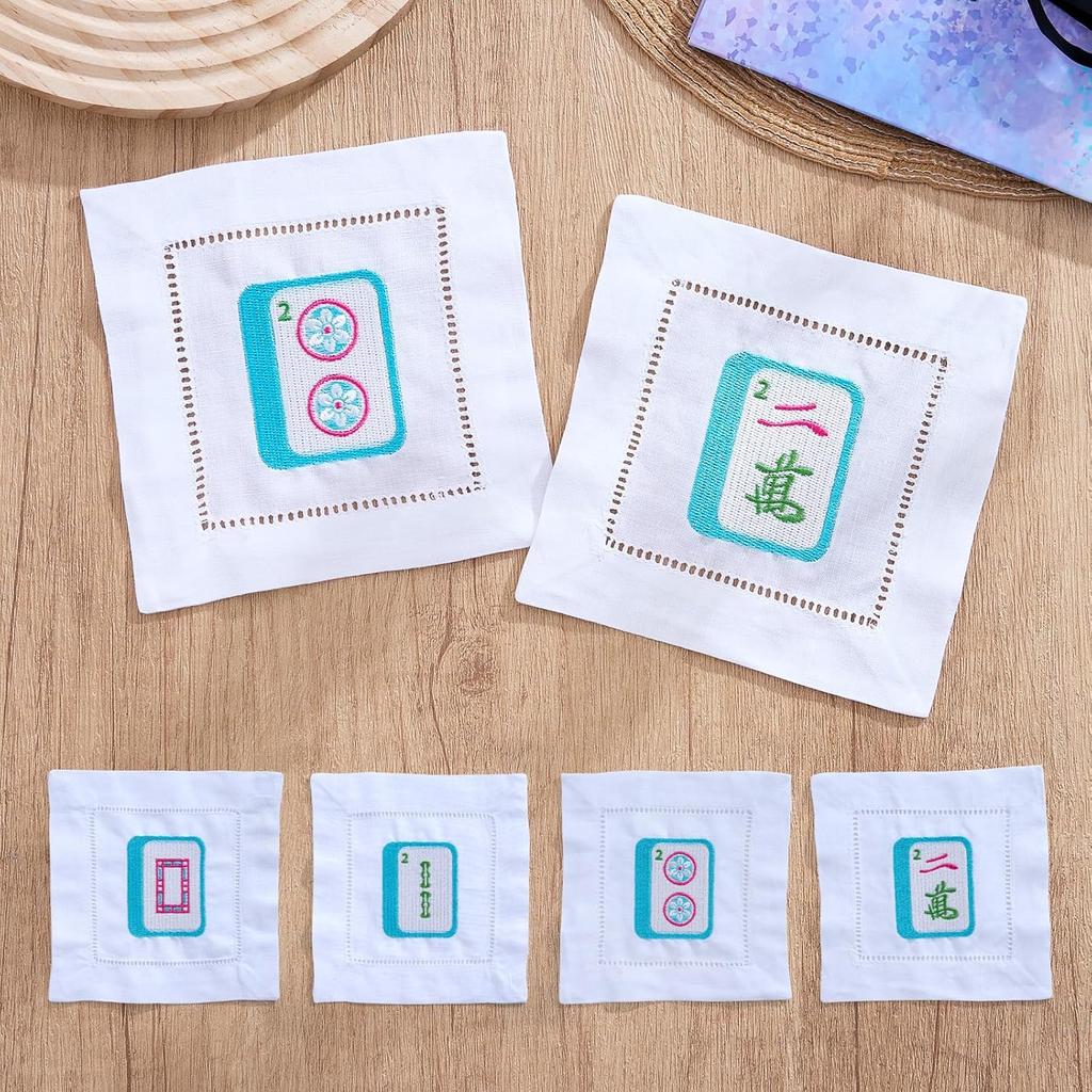 Mahjong Embroidered Napk, 4 Pieces Linen Cocktail Napk, Perfect Chinese New Year Gift for Mahjong Lovers, Dinner, Bridal Showers, Game Nights, Unique