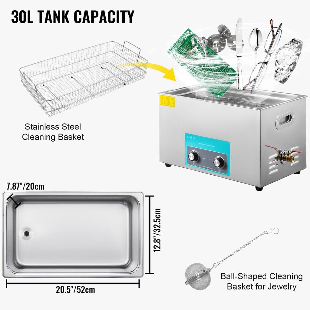 30L Ultrasonic Cleaner Jewelry Cleaner with Heater Timer for Jewelry Cleaning Knob Control Eyeglass Rings Dentures Music Instruments