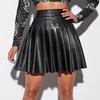 Women's High Waist PU Leather Pleated Mini Skirt Casual Flared Solid Color Skirt
