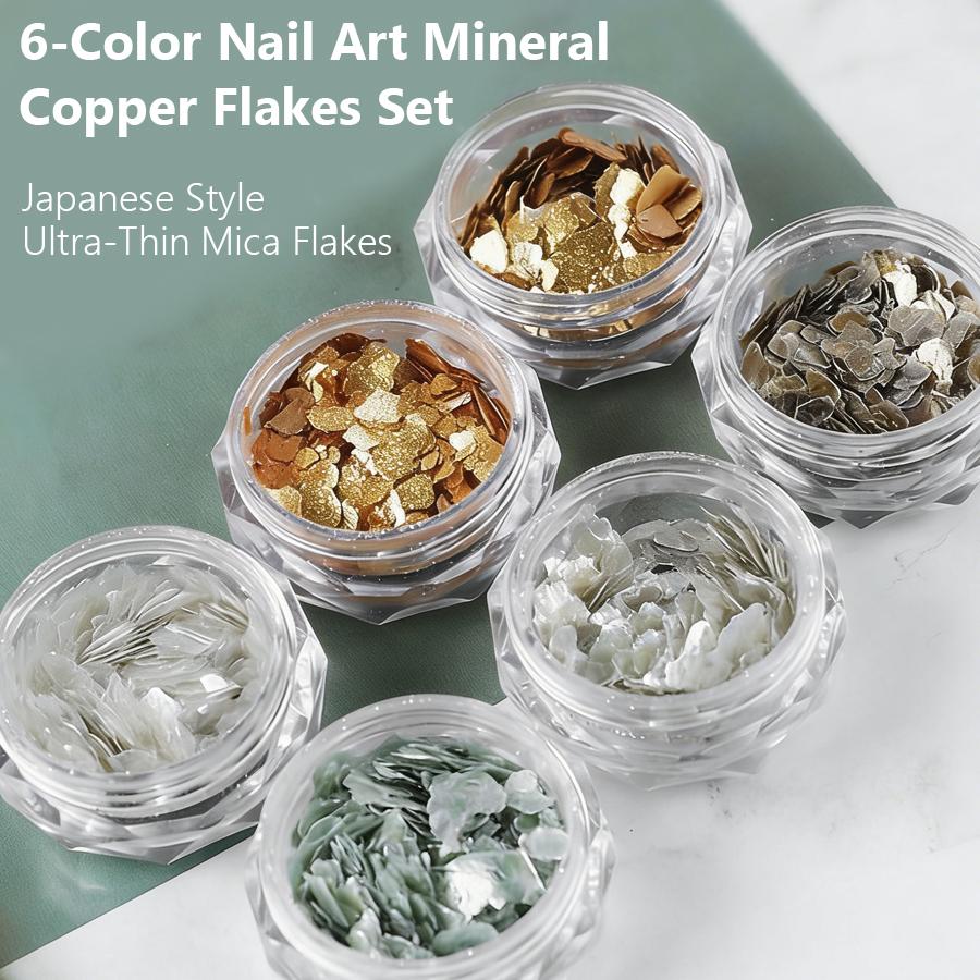 6 Colors Nail Art Mica Flakes Set, Irregular Metallic Gloss Mineral Slices, Shiny Nail Glitter Sequins for Nail Art Decoration