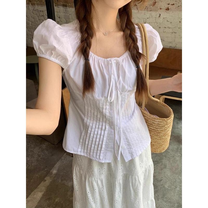 women square neck puff sleeve blouse drawstring pleated front button down casual top M белый