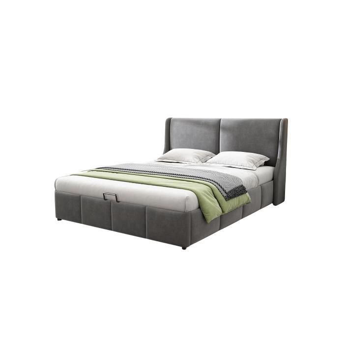 Lit rembourré,forme oreille,tête de lit,lit double,lit fonctionnel hydraulique,140 x 200,gris