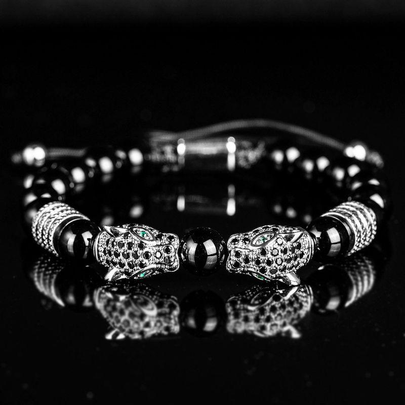 Men Black Double Leopard Head Braided Bracelet Stainless Steel Roman Numeral Bracelet Suit Fashion Retro Style