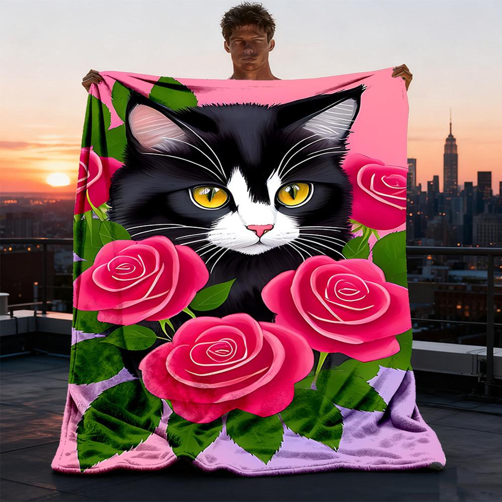 1pc Cat Roses Outdoor Flannel Blanket Soft All Season Polyester Throw , Perfect for Picnics & Travel , Picnic Accessory