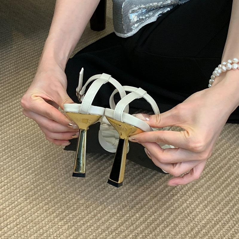 Fashion Fashion Square Toe Ladies High Heels Sandals Shoes Female Buckle Strap Footwear Metal Heels Sandals Shoes For Women Pumps