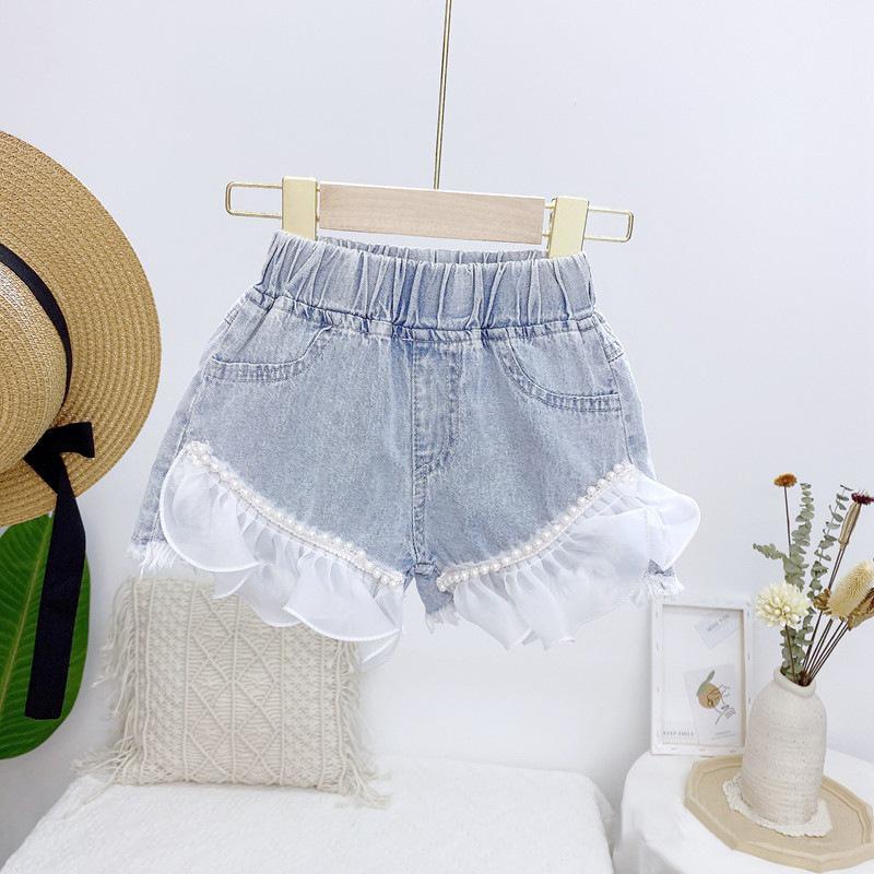Korean Style Girls' Lace Trim Denim Shorts - Summer Casual Wear