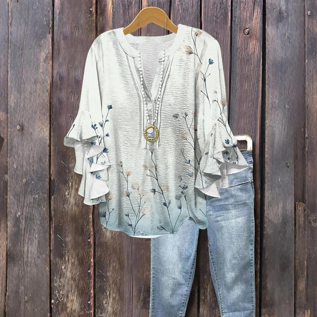 Tops For Women Cute Button V Neck 3/4 Sleeve Blouses Print Top Casual Shirts