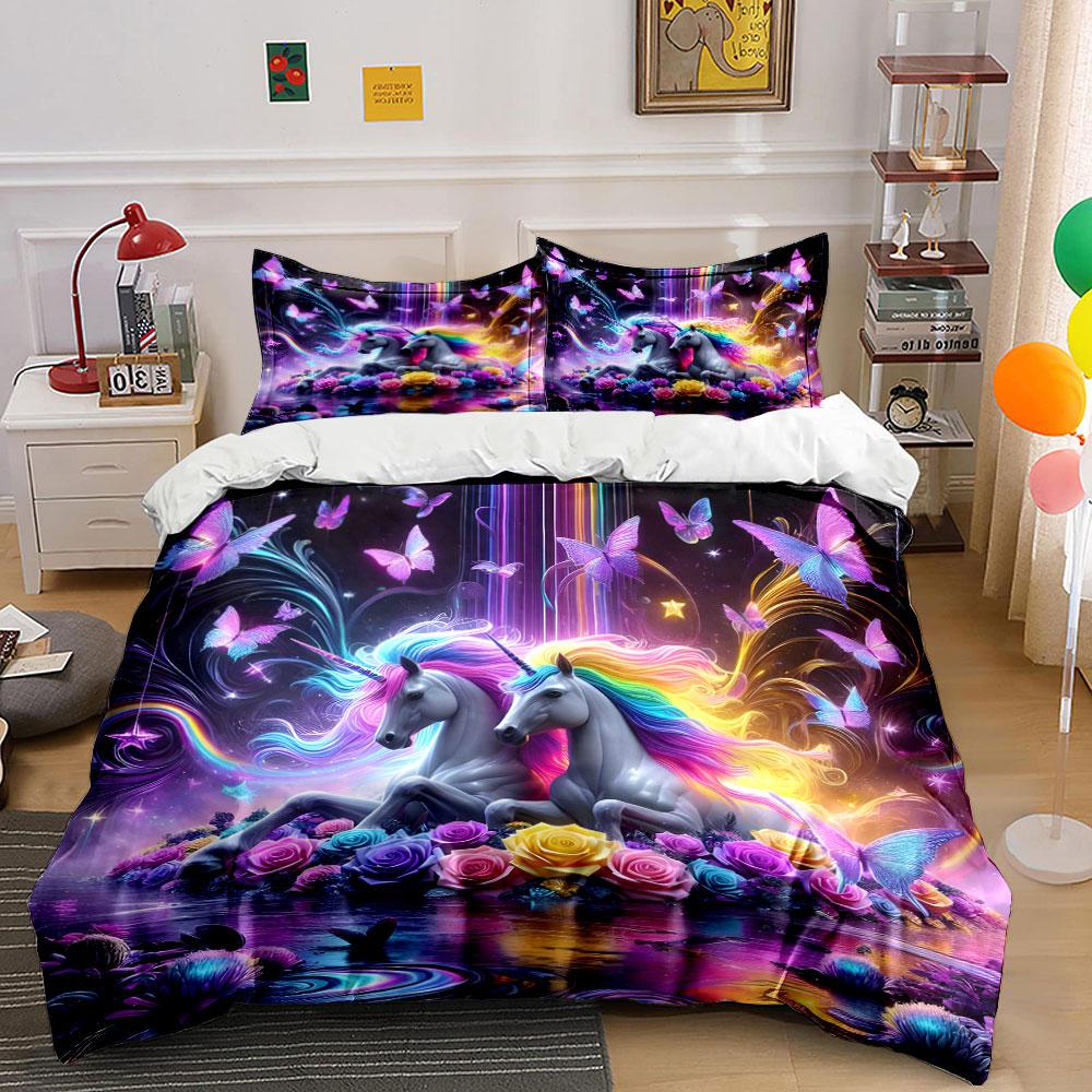 3Pcs Enchanted Unicorn Bedding Set, Rainbow Unicorns With Neon Butterflies Print Duvet Cover, Whimsical Bedroom Decor