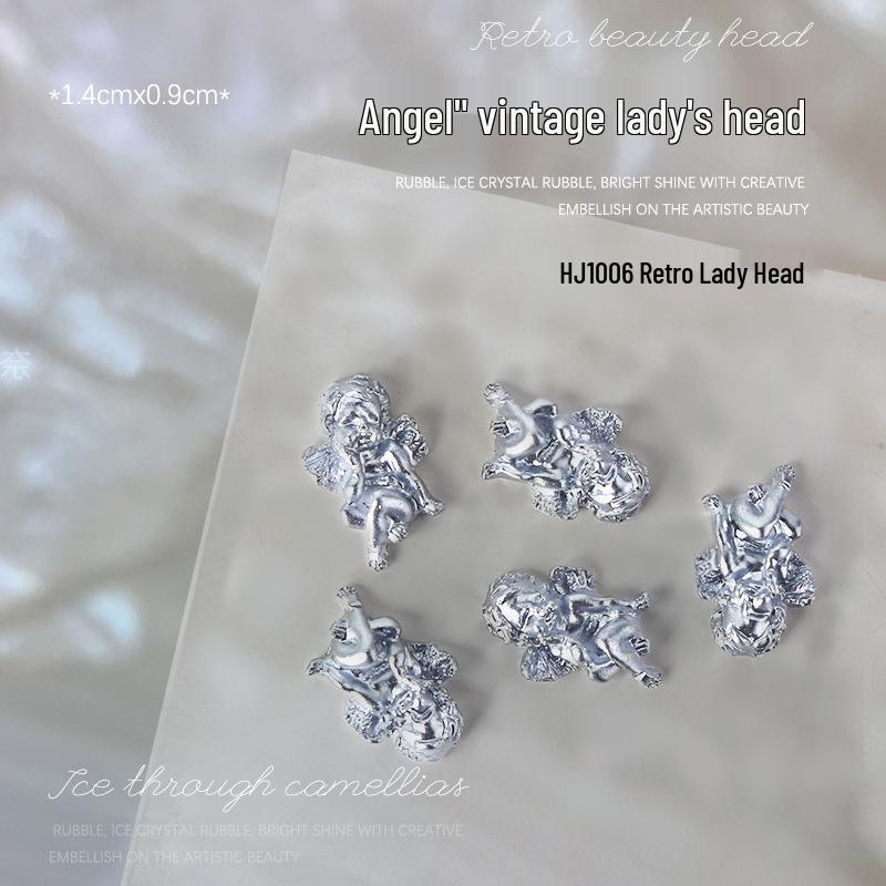 Baroque Angel Relief 3D Nail Art Decorations - Vintage White Metal, 5 Pieces