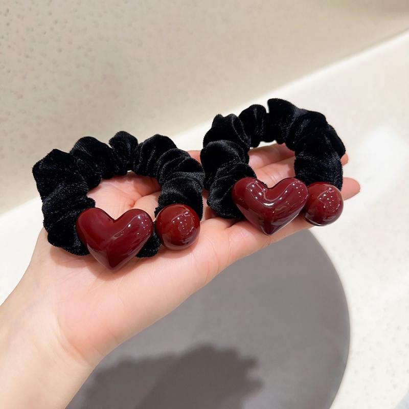 Retro Korean Style Velvet Hair Ties with Red Heart & Pearl Beads Elegant Ponytail Hair Ties for Women Daily Hair Accessories