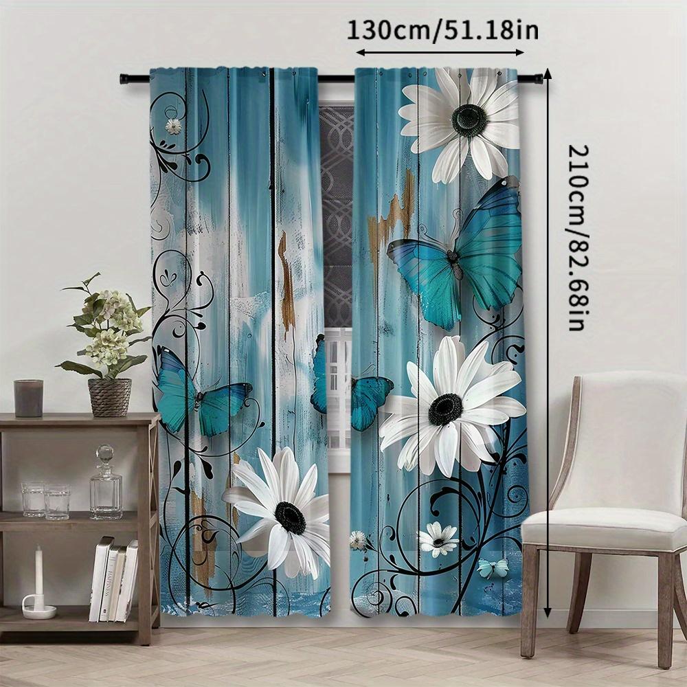 2pcs Rod Pocket Semi-Sheer Curtains - Polyester Pongee Floral and Butterfly Pattern - Modern Roller Embossed Drapes for Bedroom