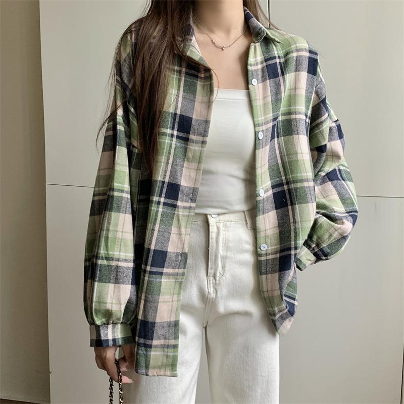 Camicie a quadri larghe semplici vintage primaverili da donna, moda a maniche lunghe, taglie forti, casual, camicette da donna, monopetto, slim, da ufficio, da donna, 26107