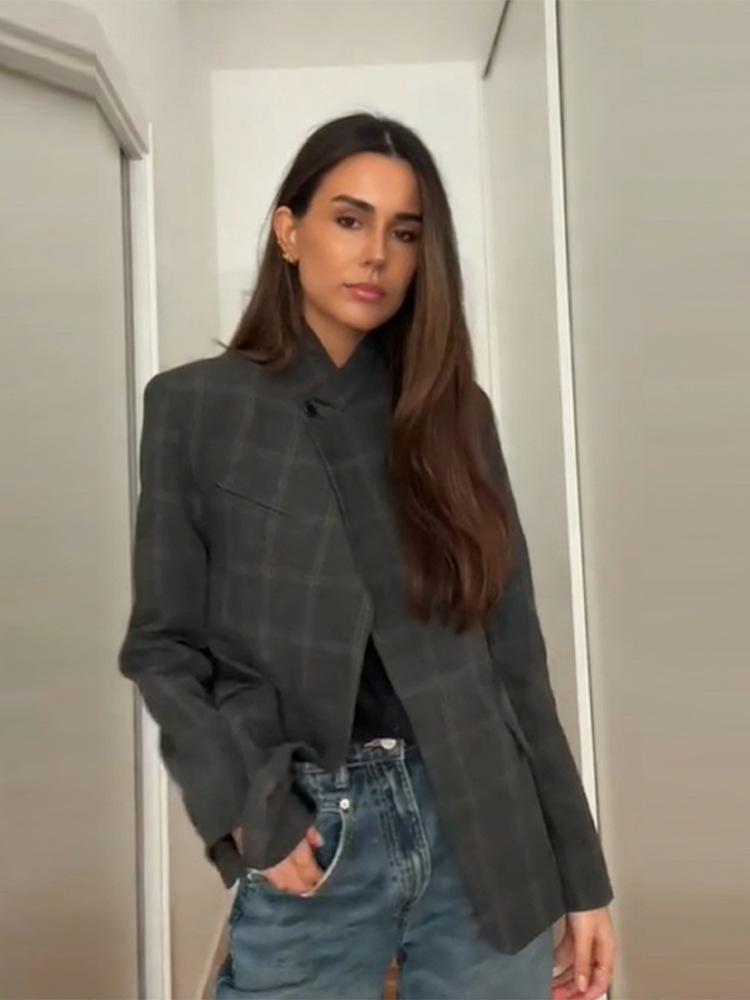 2026 Spring Korean Style Plaid Stand Collar Blazer