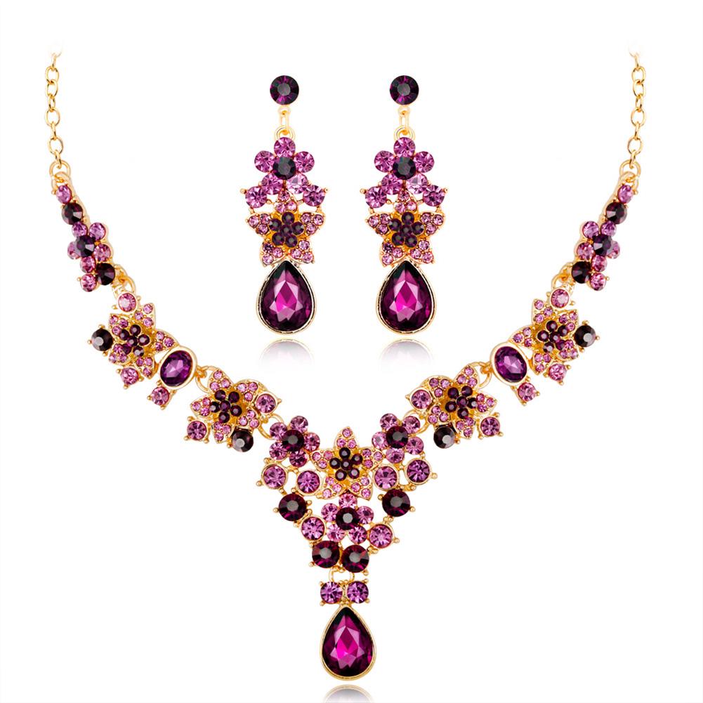 Women Bridal Multi-color Jewelry Set Elegant Fashionable Diamond Alloy Necklace + Earring Set