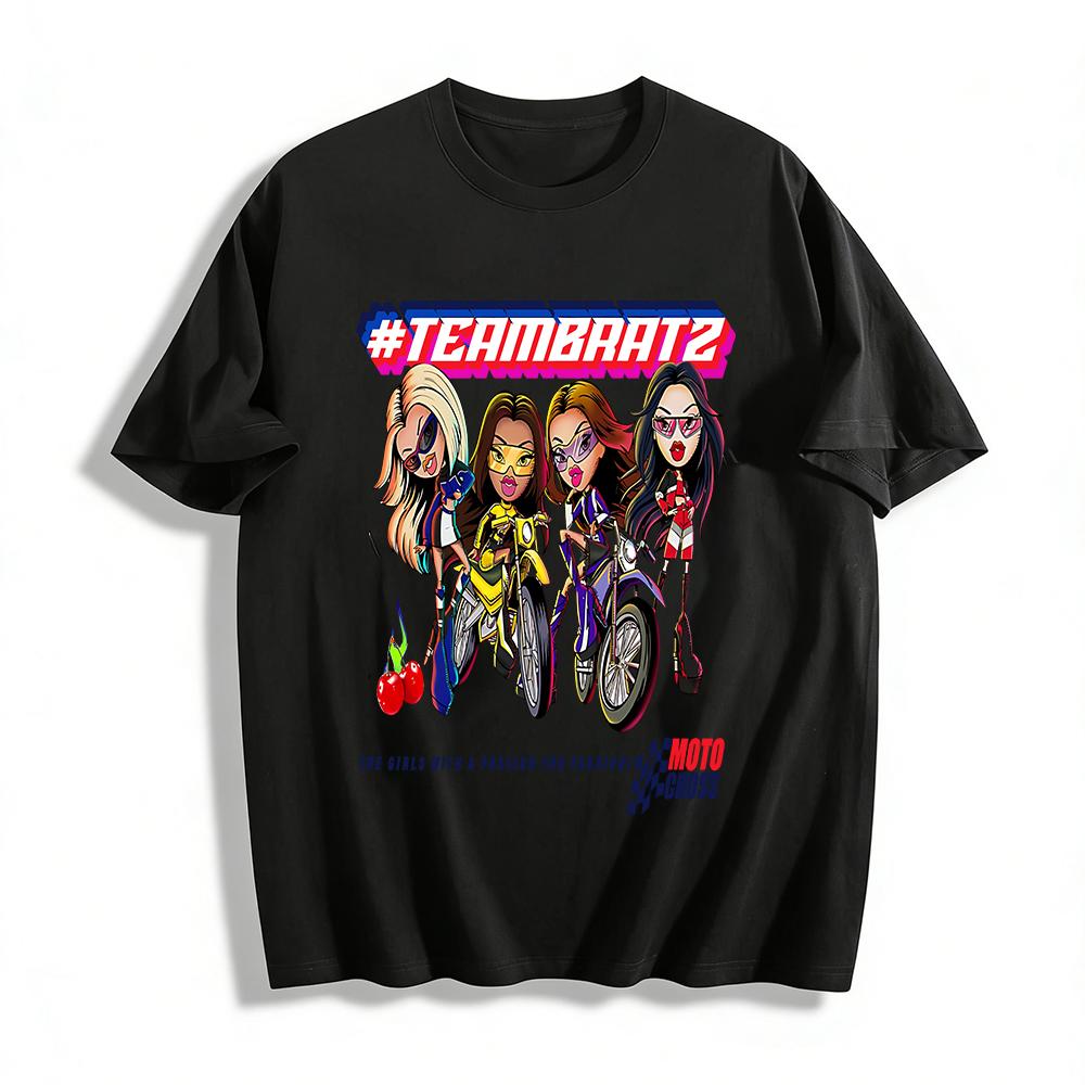

Team Bratz Motocross Graphic Tee Fashion Passion Y2K Style Casual Short Sleeve Top for Women Pure cotton T-shirt XXS
