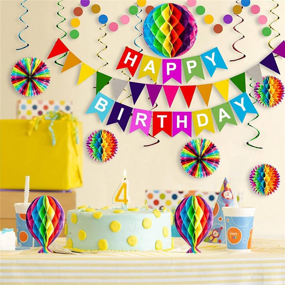 36 Pieces Reusable Birthday Decoration Set - Happy Birthday Banner, Bunting, Beehive Decoration, Ribbons (Confetti Rainbow Party Decoration)