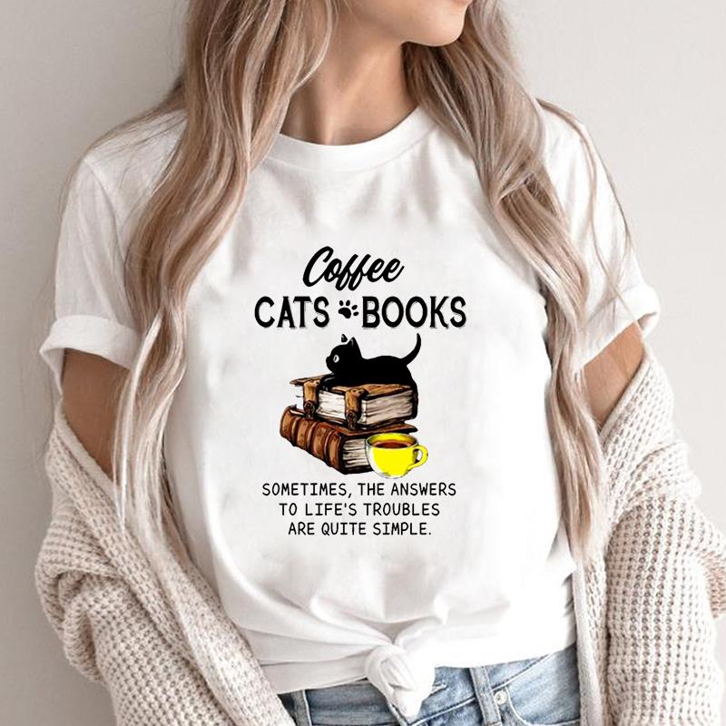(Asian Size) Graphic Tee Women's Cat Books Love Sweet Trend Fashion Casual Print Short Sleeve Summer Top Ladies Female T Clothing T-shirt
