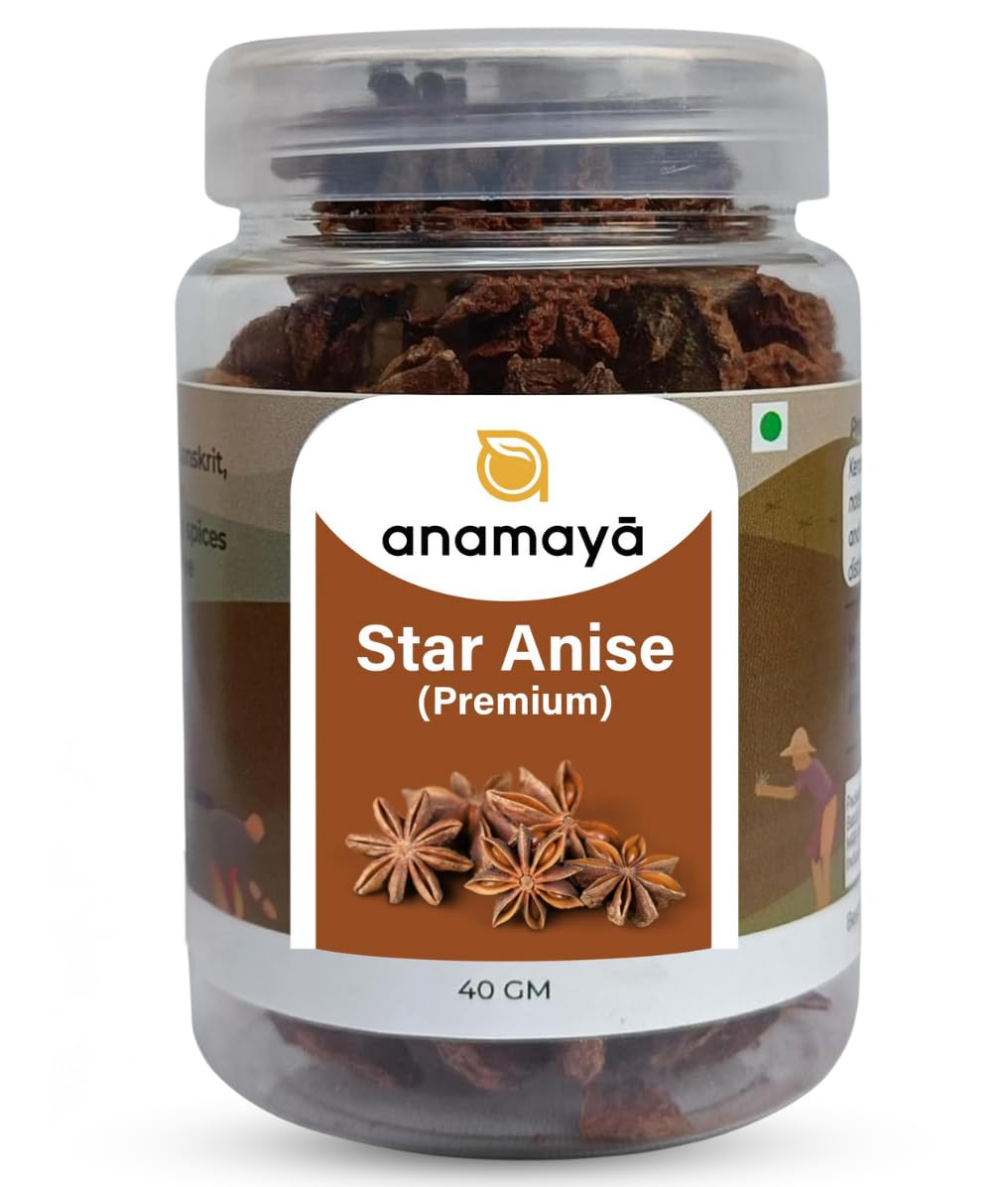 

Anamaya Star Anise Whole | Chakri Phool | Highly Aromatic | Big Size for Biryani and other preparations | Sourced from Kerala | Food grade Jar (P