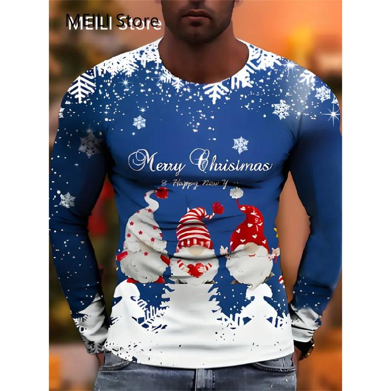 Christmas Muscle Print Tee Men's Clothing Casual Streetwear 3D Printed Top Christma Long Sleeve Oversize O-Neck T-Shirts for Men