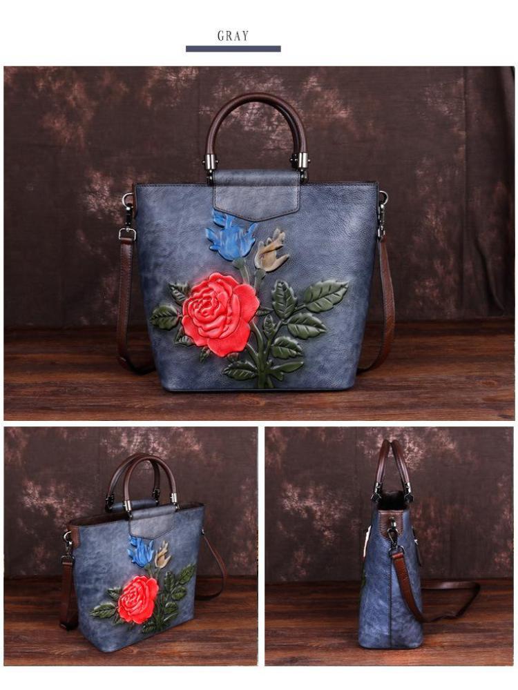 Johnature Retro Large Capacity Luxury Handbags Women Bags Designer Genuine Leather Casual Tote Rose Shoulder Bags