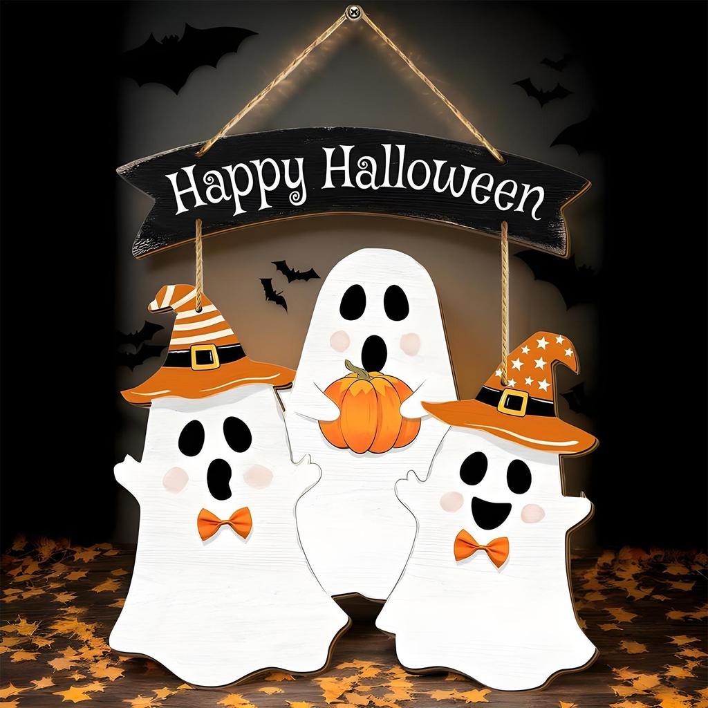 Happy Halloween Door Sign Ghost Porch Sign For Door Decorations Hangable Wooden Decoration For Home Entrance Wall Indoor Outdoor