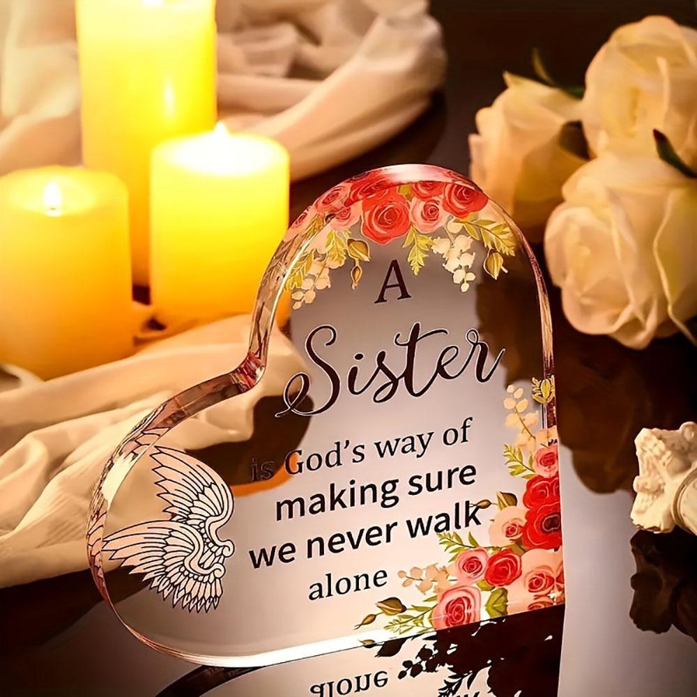 2D Flat Acrylic Heart Sister Gifts Desktop Decoration Plaque, Home Decor Plaque Hanging Wall Art Decorative Garden Decoration for Room Door Signs Hang