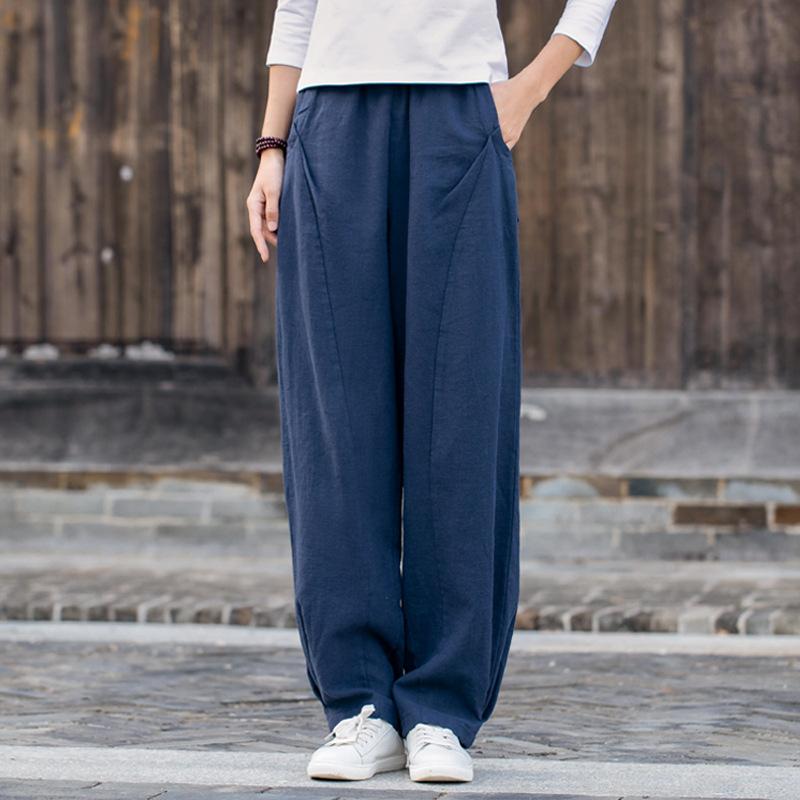 Spring Cotton and Linen Women's Literature and Art Ramie Sand Wash Stitching Casual Trousers Women's All-match Thin Linen Bloomers
