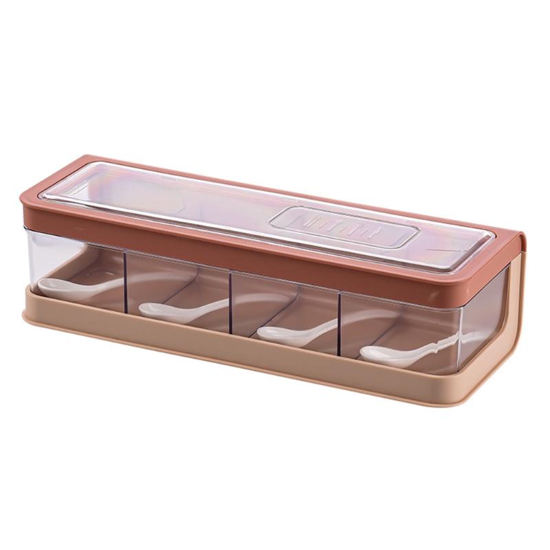 4 Compartment Seasoning Box with Spoons and Cover Storage Container Cruet Jars Can Pot for Salt Sugar Condiment X3UC