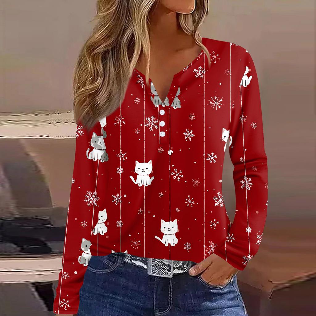 Women's T Shirt Tee Christmas Printed Button Long Sleeve Tunic Daily Weekend Fashion Basic V- Neck Regular Top