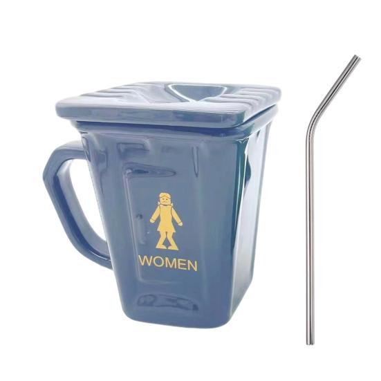 Funny Toilet Coffee Mug Novelty Shaped Mug Squatting Pan Ceramic Water Cup with Straw Adult Humor Gift for Office Home Use