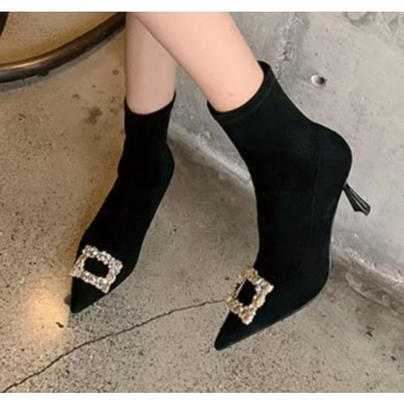 New Style Women's Metal Pointed Tip Women Boots Stilettos Heels Fashionable High-heeled Boots Suede Ladies Ankle Boots