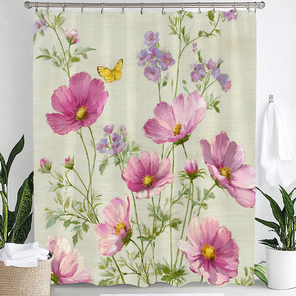 Colorful Flowers Shower Curtain for Bathroom Spring Floral Romantic Wildflower Plants Nature Scenery Decor Curtain with Hooks