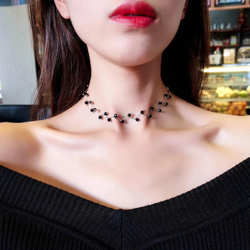2024 New Arrivals Hot Fashion Black Crystal Necklace Kolye Collier Simple Cross Strand Beaded Chokers Necklaces Women Jewelry