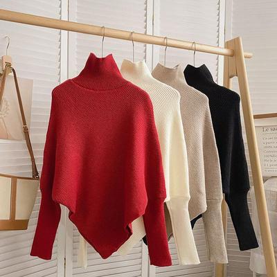 High-Collar Red Sweater for Women - 2024 Autumn/Winter Korean Slim Fit, Solid Color, Long Sleeve Knitted Top