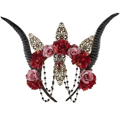 Sheep Horn Gothic Headband Steampunk Devil Horns Rose Flowers Decorations for Halloween Costume Party Photo Props