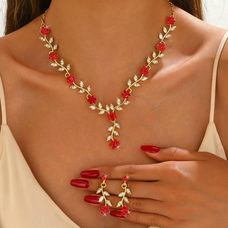 Floral Necklace Earrings Set Women - Gold Plated Alloy Jewelry With Rhinestone Accents Sweet Fashion Wedding Accessory