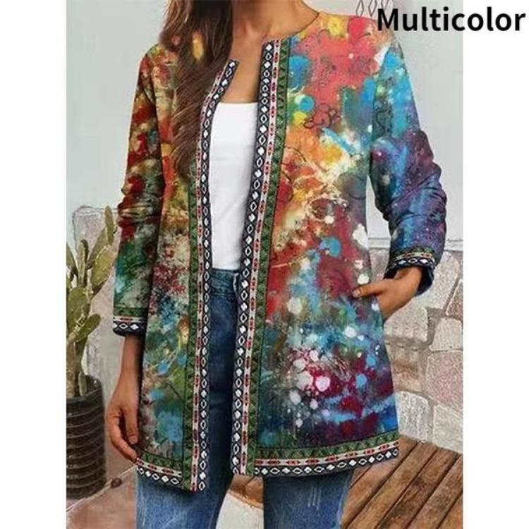 Vintage Floral Print Ethnic Style Jacket Plus Size Tribal Pattern Cardigan Ribbon Webbing Outwear Women Fashion