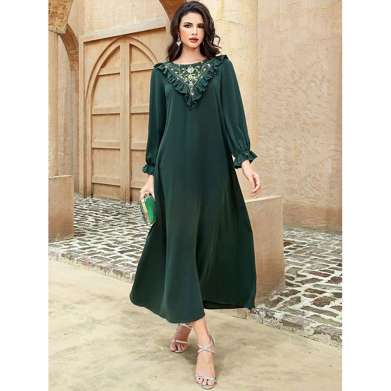 

Новое поступление Ближний Восток круглый вырез оборки ручная вышивка бисером платье-халат ручной работы платье с бисером Dark green S