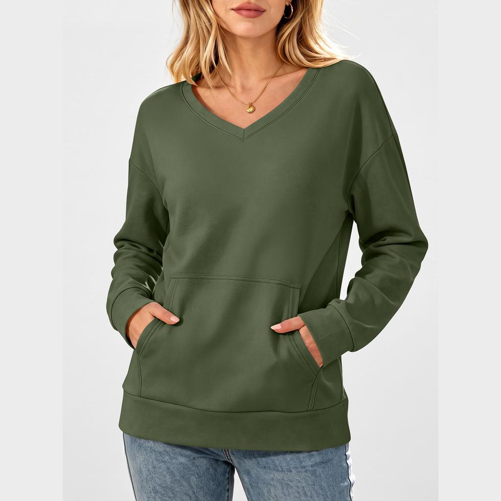 Women's Casual V-Neck Long Sleeve Pullover Sweatshirt with Pockets