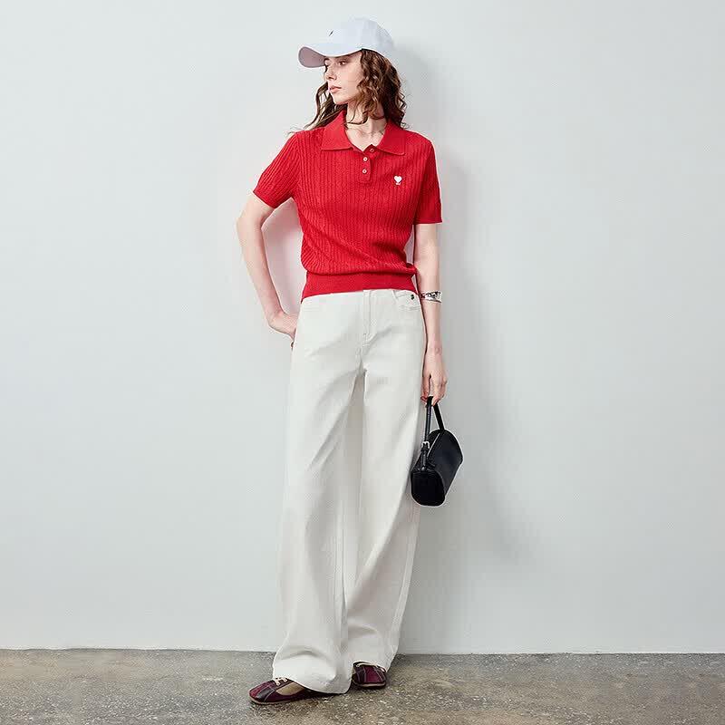 Women's Retro Cable Knit Linen Blend Polo Top