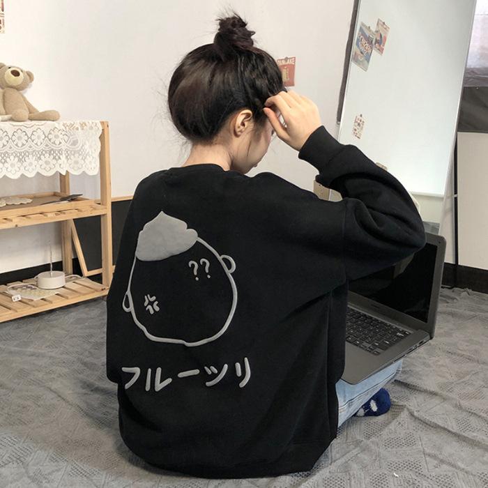 New cute printed jacket velvet casual lazy wind round neck loose sweater women