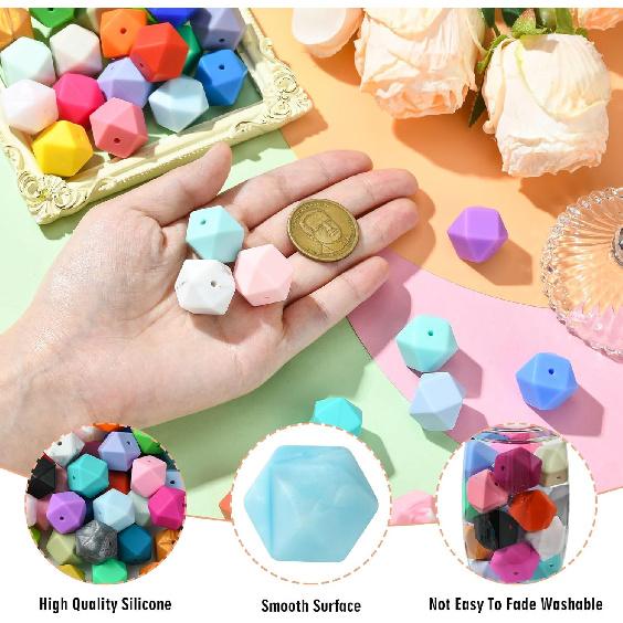 DanLingJewelry 50Pcs 17mm Hexagon Silicone Beads Bulk Colorful Rubber Large Polygonal Silicone Loose Beads for Keychain Lanyards Jewerlry Making
