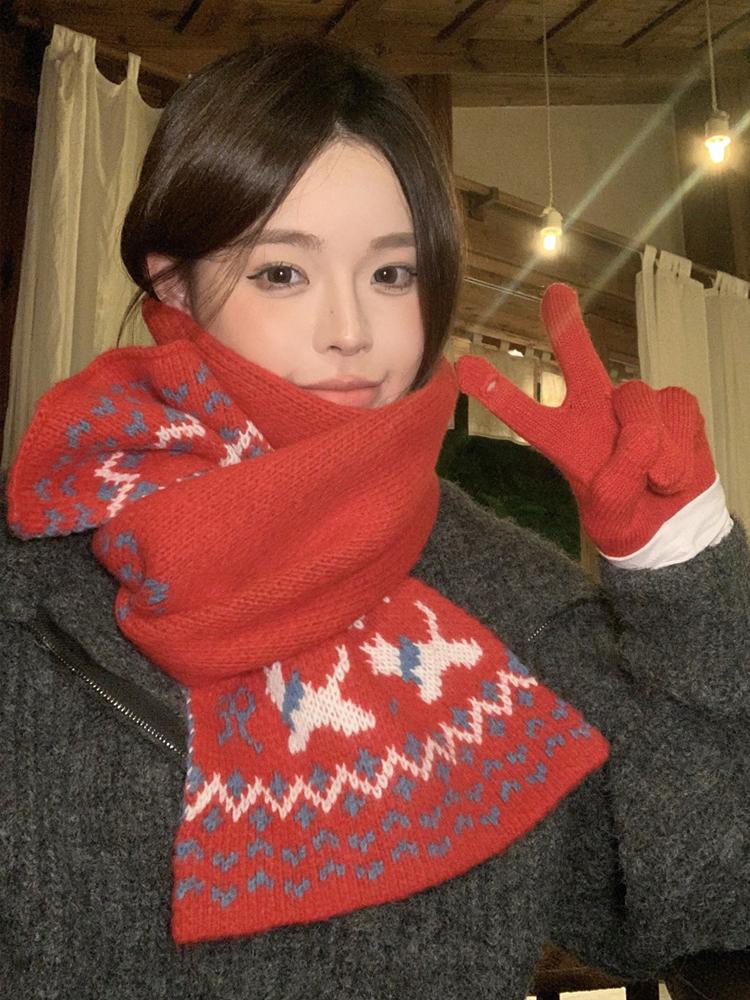 New Women'S Red Dog Pattern Knit Scarf Winter Warm Soft Christmas Fashion Korean Wrap Shawl Scarves For Ladies Male Sweet Casual