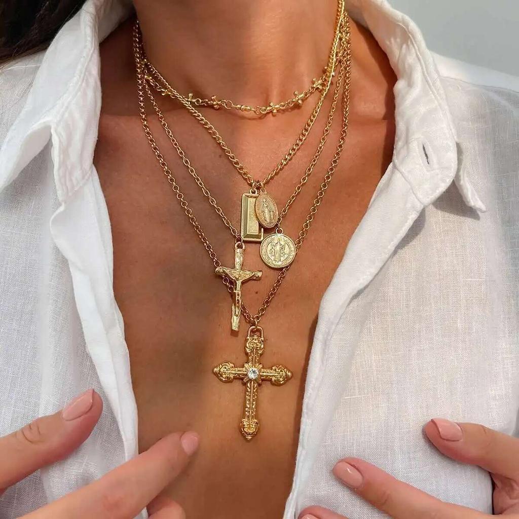 PuRui 4Pcs/Set Creative Square Dangle Jesus Cross Round Coin Pendant Alloy Necklace Women Fashion Party Banquet Y2K Zircon New