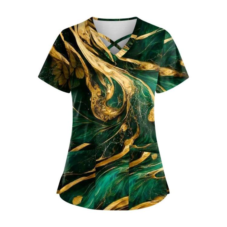 

Женские милые топы-скрабы с принтом больших размеров, рабочая футболка с карманами, короткий рукав, V-образный вырез крест-накрест, забавные футболки, рабочая униформа S темно-зеленого