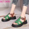Fashion GKTINOO Summer Mixed Color Genuine Leather Sandals Roman Shoes Platform Wedges Woven Thick Soled Sandals Women Shoes Large Size