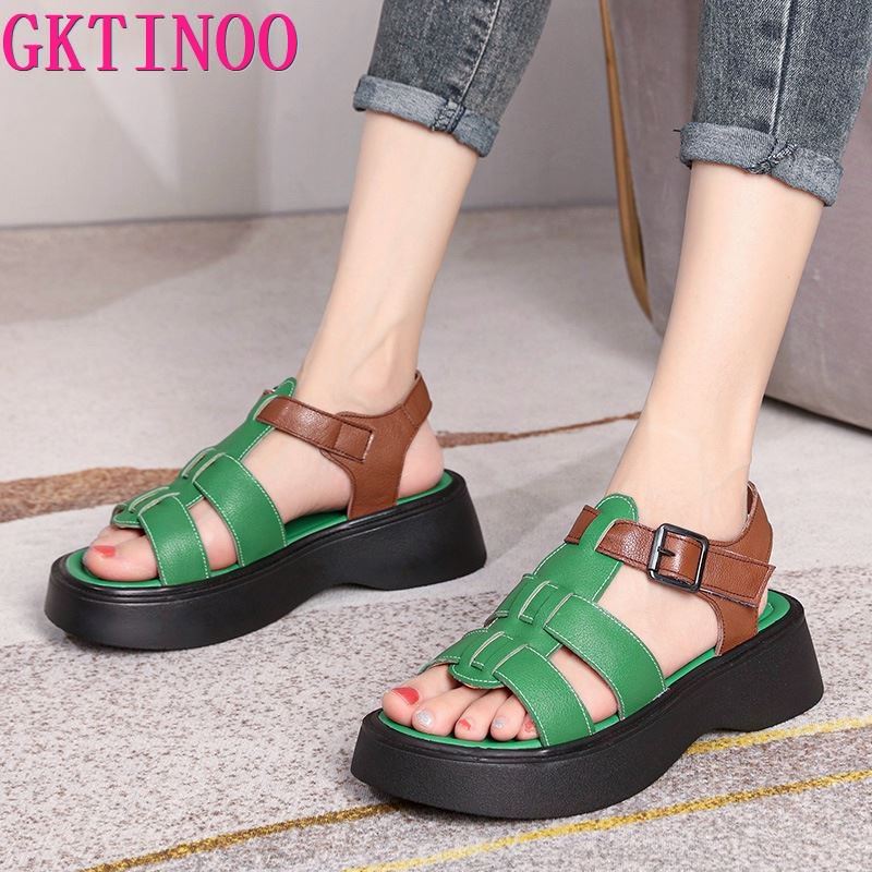 Fashion GKTINOO Summer Mixed Color Genuine Leather Sandals Roman Shoes Platform Wedges Woven Thick Soled Sandals Women Shoes Large Size