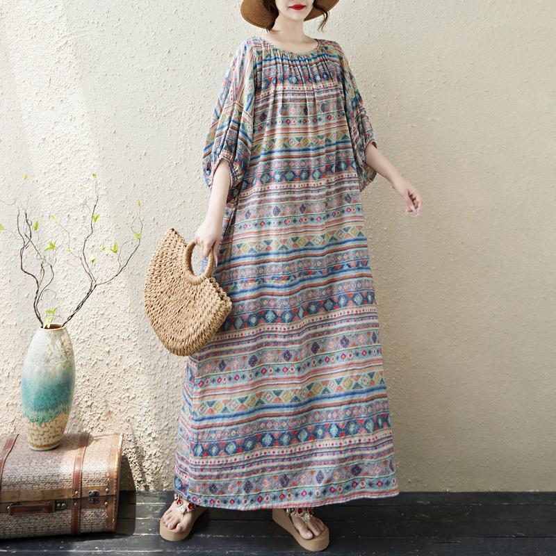 DIMANAF 2025 Summer Plus Size Dress Women Casual Vintage Floral Dress Basic Long Beach Elegant Loose Dress